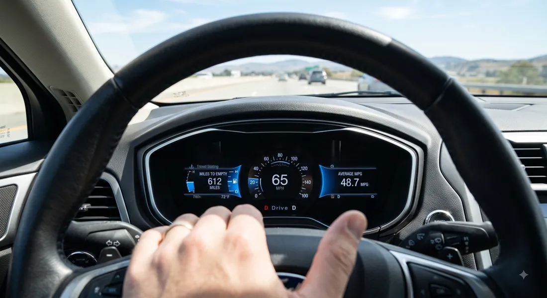 Car dashboard showing average MPG improve to 48.7 after installing Tank Saver